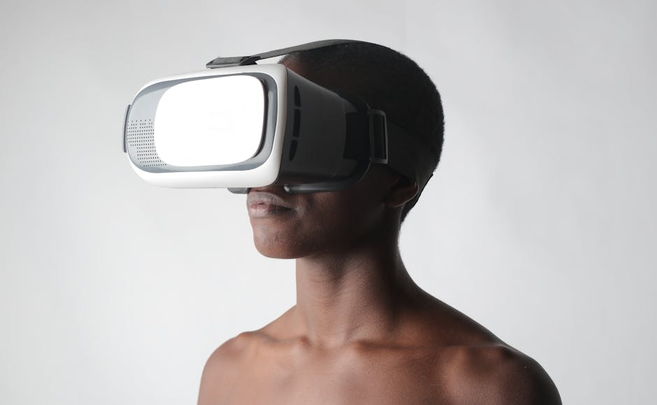 Close-up of a person using VR goggles, showcasing futuristic technology and innovation